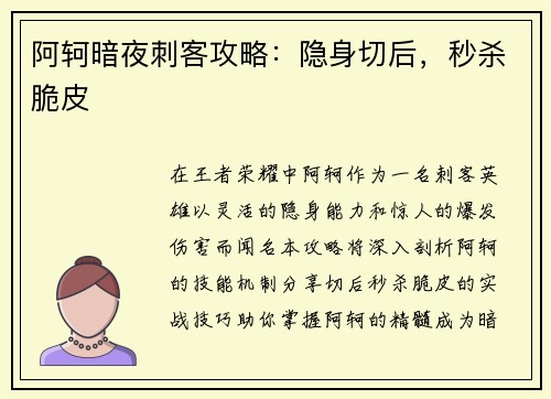 阿轲暗夜刺客攻略：隐身切后，秒杀脆皮